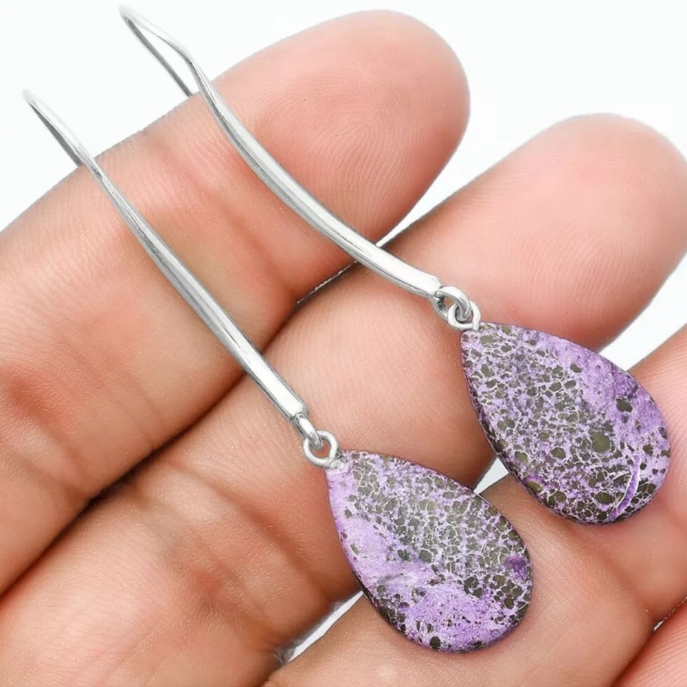 Natural purpurite sterling silver earrings - Picture 5 of 8